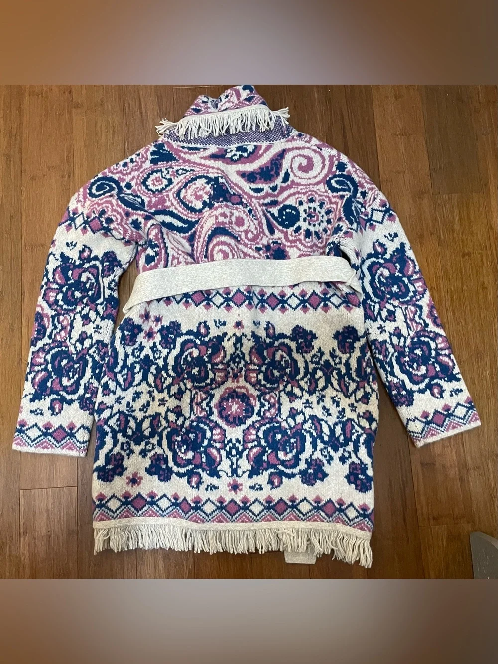 Hale Bob Sweater Jacket S Fringed HaisleyPink Blue Spectacular Cardigan
